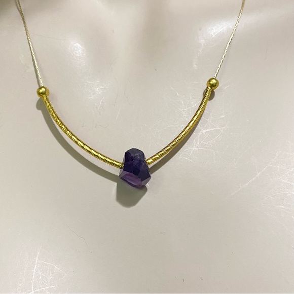 Natural Raw Amethyst Pendant Magnetic Clasp Gold-tone Skinny Chain Necklace - Picture 3 of 12